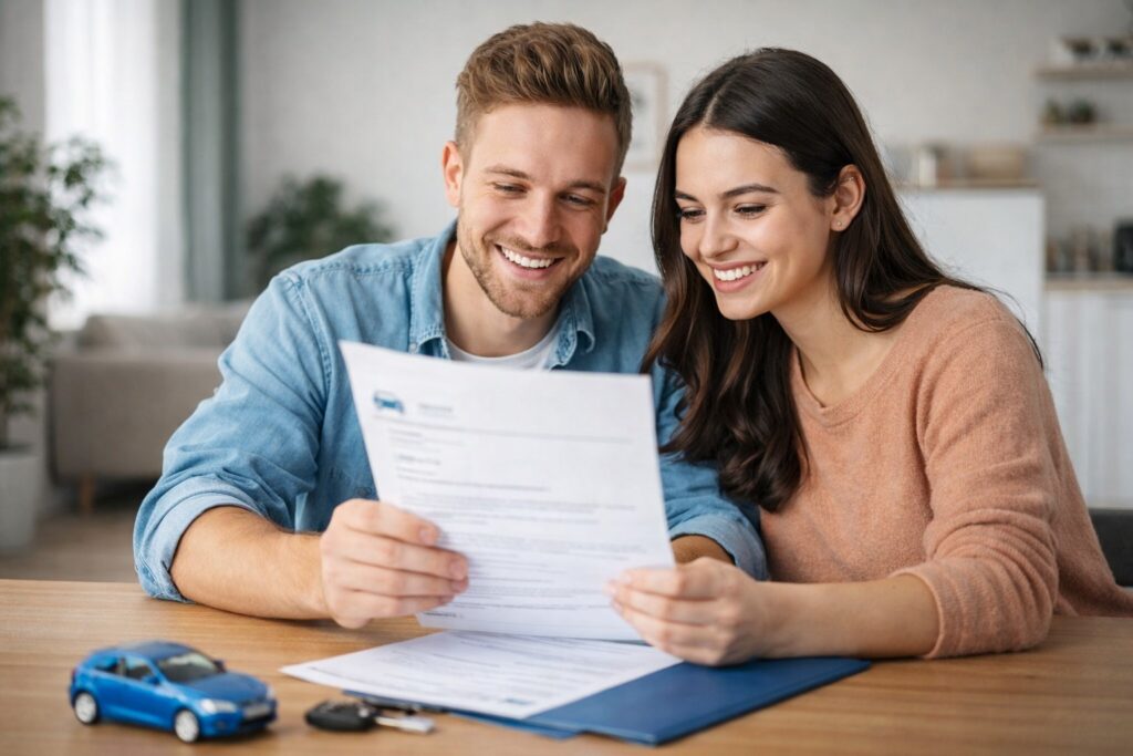 Een jong stel bekijkt de voorwaarden van hun nieuwe autoverzekering.