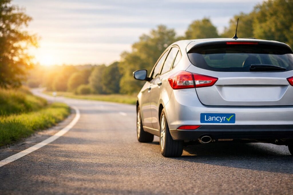 Auto op een rustige weg met een Lancyr Autoverzekering-sticker op de bumper.