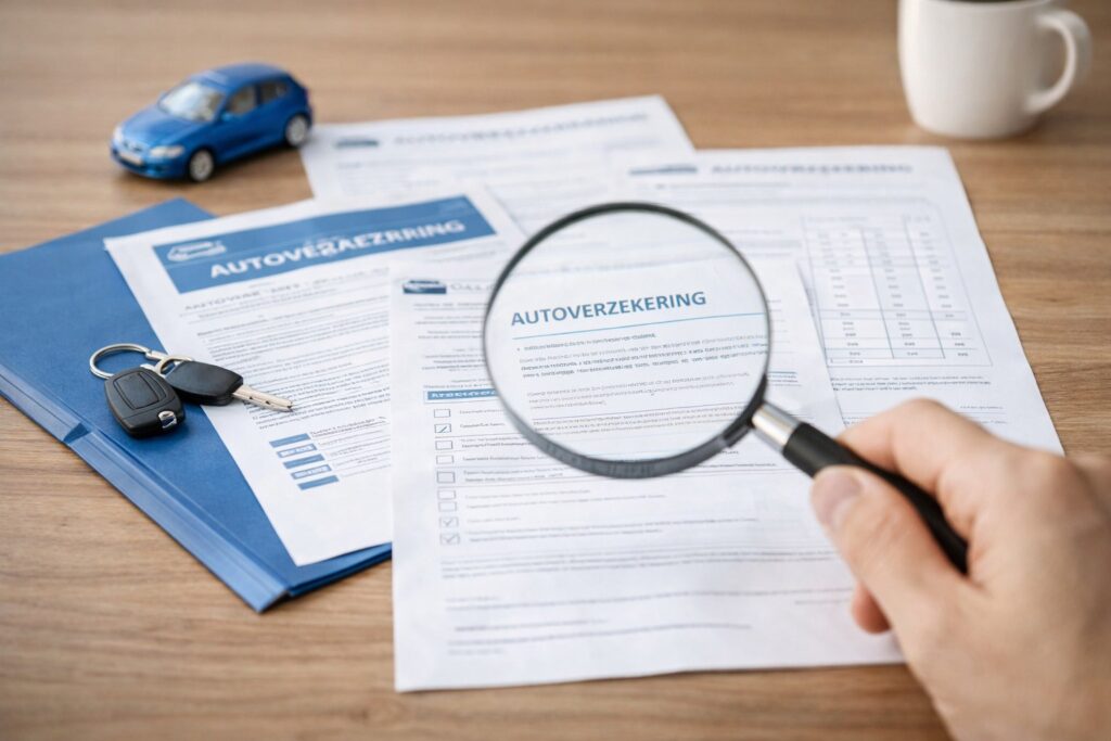 Een hand houdt een vergrootglas boven autoverzekeringsdocumenten op een bureau.