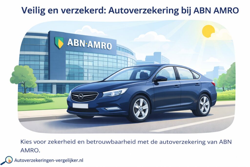 Een auto geparkeerd voor het kantoor van ABN AMRO, zonnige dag.