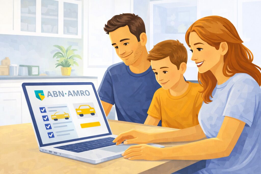 Een gezin bekijkt autoverzekeringen op een laptop aan de keukentafel.