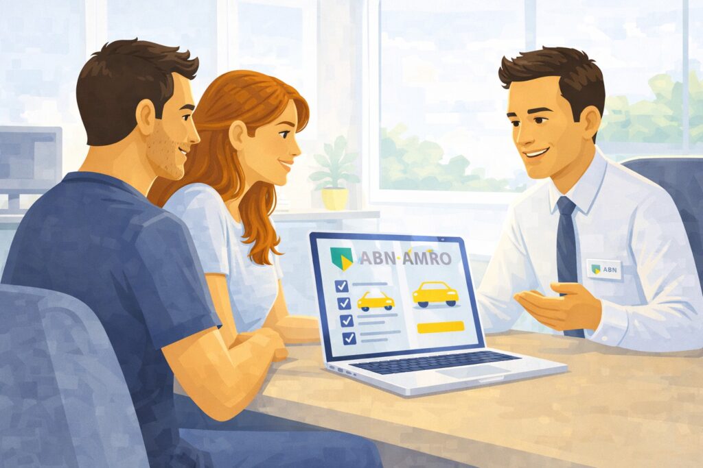 Twee mensen bespreken autoverzekering bij ABN AMRO met een adviseur.
