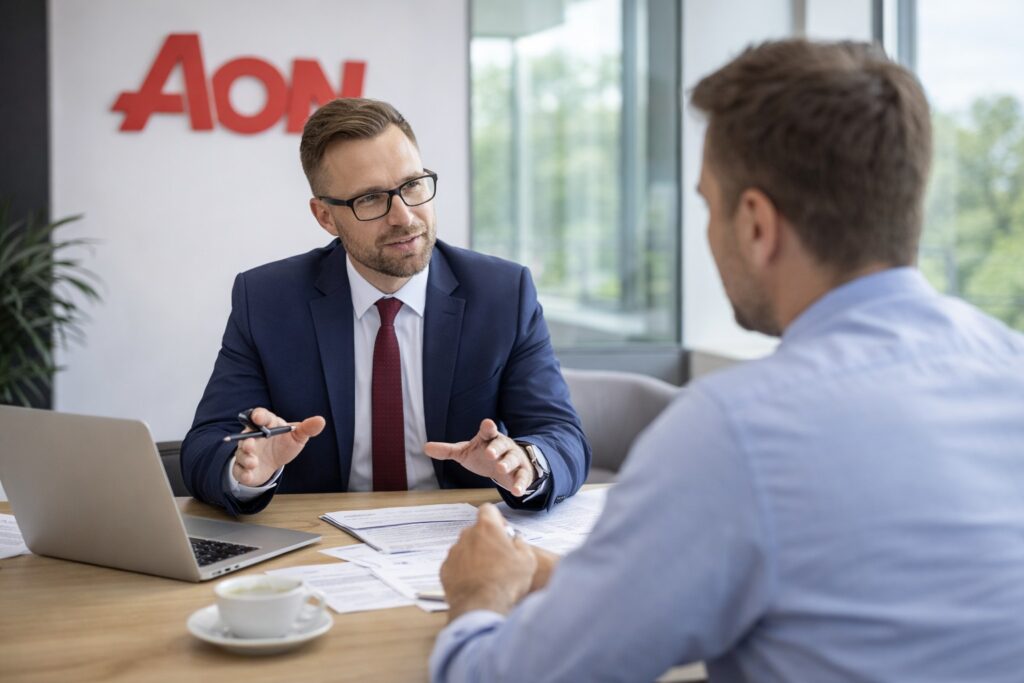 Klant bespreekt autoverzekering met adviseur in een modern kantoor.