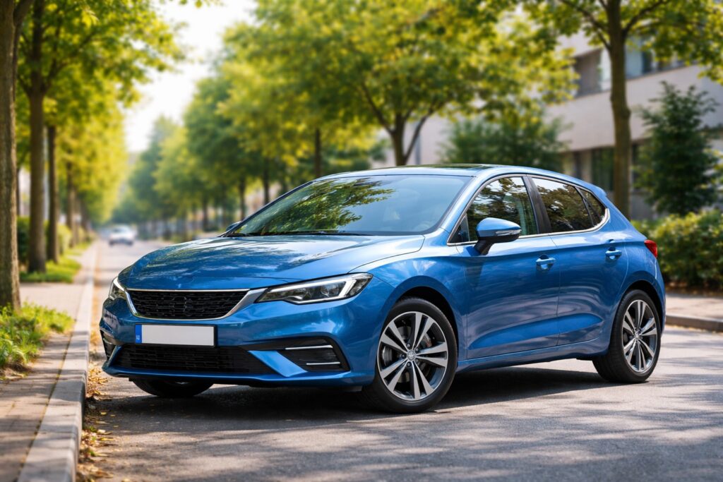 Een blauwe auto geparkeerd op een rustige straat, symboliserend ASN Autoverzekering.