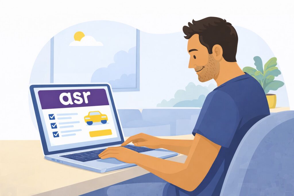 Een tevreden bestuurder bekijkt de ASR Autoverzekering op zijn laptop.