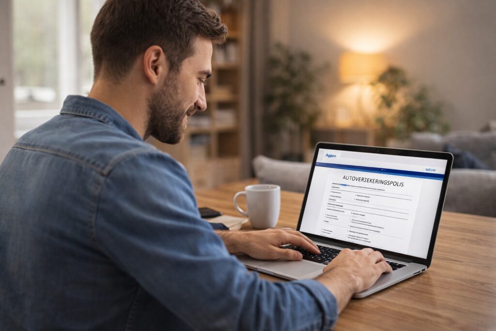 Een man bekijkt zijn nieuwe Aegon autoverzekeringspolis op een laptop.