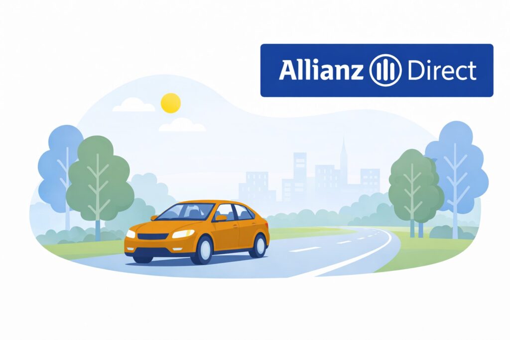 Auto op een rustige weg met Allianz Direct Autoverzekering logo op de achtergrond.