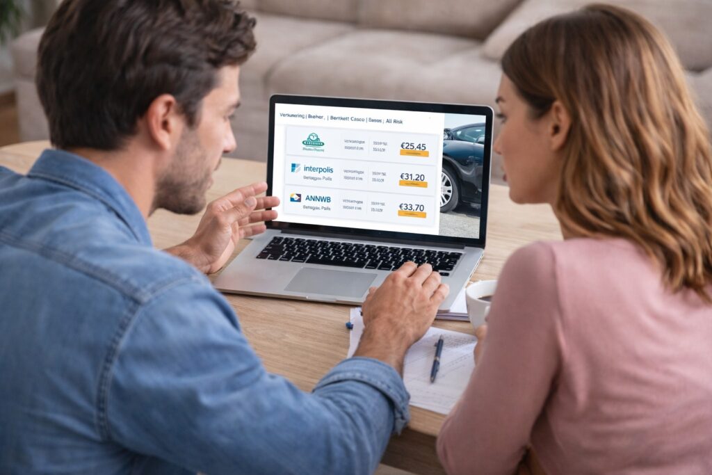 Twee mensen bespreken autoverzekeringen met een laptop op tafel.