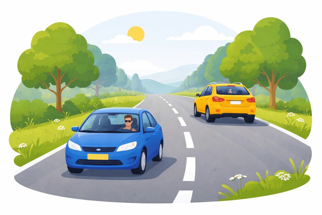 Twee auto's rijden op een zonnige weg, met groene bomen op de achtergrond.