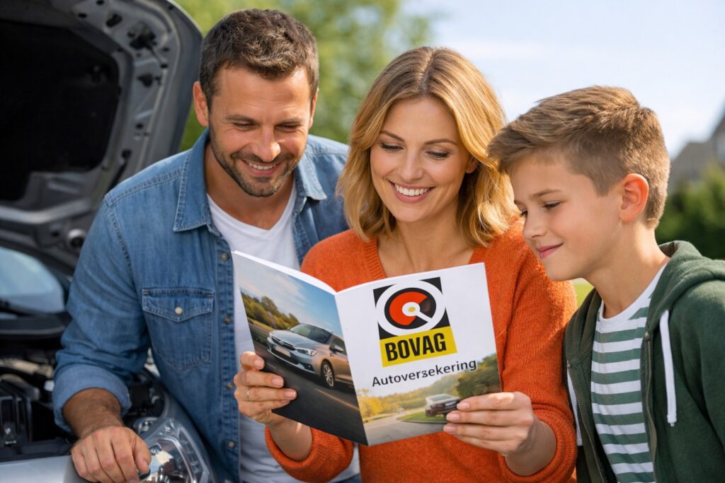 Een gezin inspecteert hun auto met een BOVAG Autoverzekering folder in de hand.