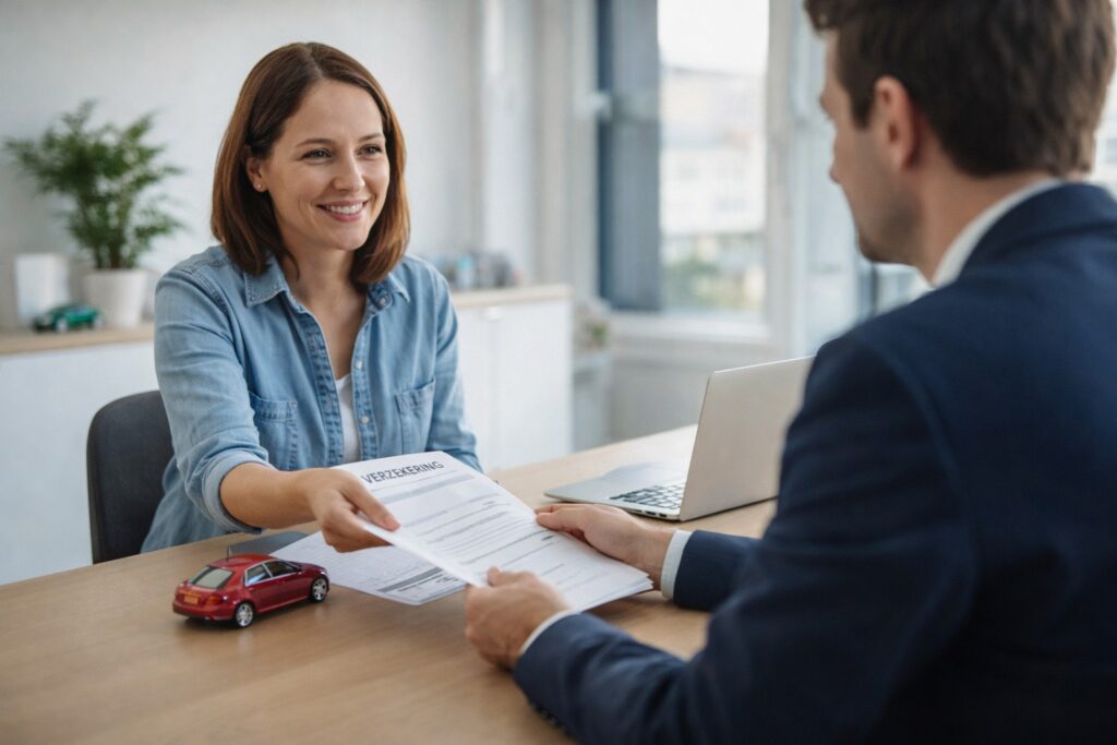 Een vrouw overhandigt haar verzekeringsdocumenten aan een adviseur bij een bureau.