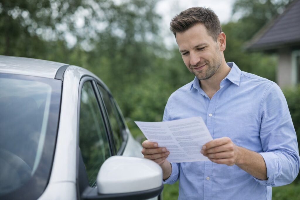 Een man bekijkt zijn auto terwijl hij informatie over zijn autoverzekering leest.