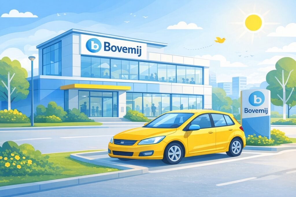 Moderne auto geparkeerd voor het Bovemij-gebouw op een zonnige dag.