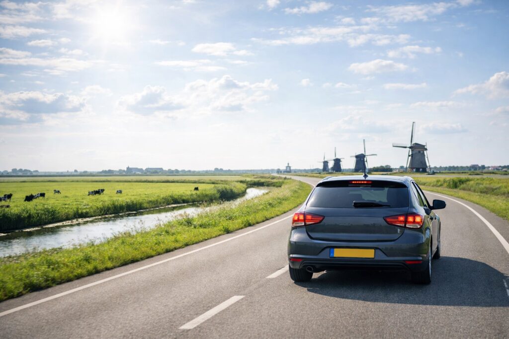 Een auto rijdt door een zonnig Nederlands landschap, symbool voor betrouwbare autoverzekering.