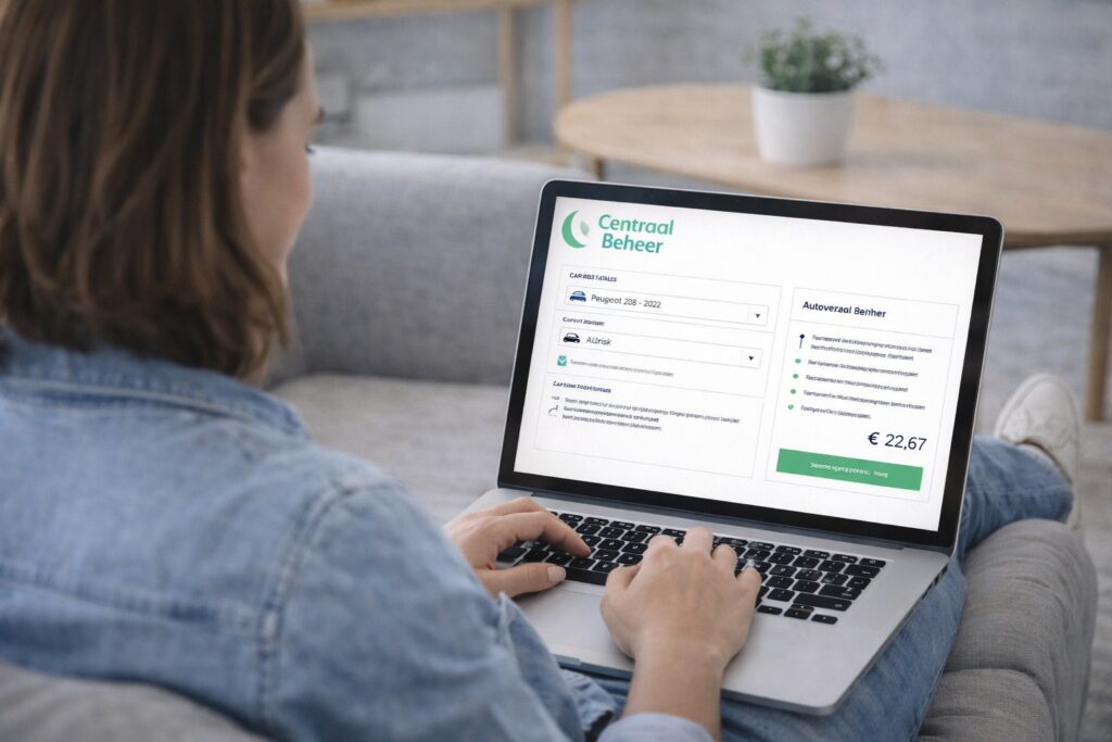 Een vrouw sluit een autoverzekering af bij Centraal Beheer op haar laptop.