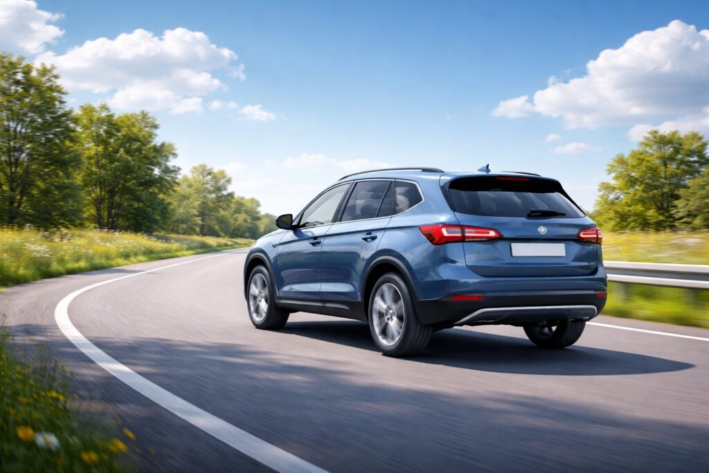 Een auto rijdt langs een weg met een helderblauwe lucht op de achtergrond.