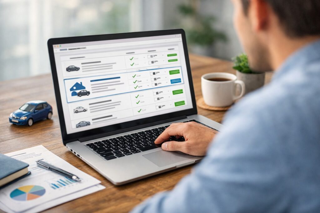 Een klant vergelijkt autoverzekeringen op een laptop, gericht op De Goudse Autoverzekering.