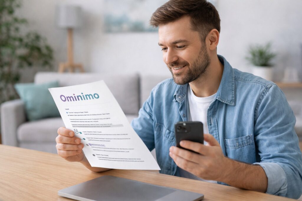 Een tevreden klant bekijkt de polis van Ominimo autoverzekering.