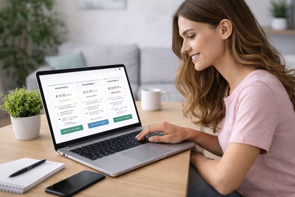 Een vrouw vergelijkt autoverzekeringen online op haar laptop.