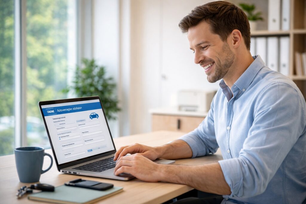 Een vrolijke man vult online formulieren in voor autoverzekering op zijn laptop.