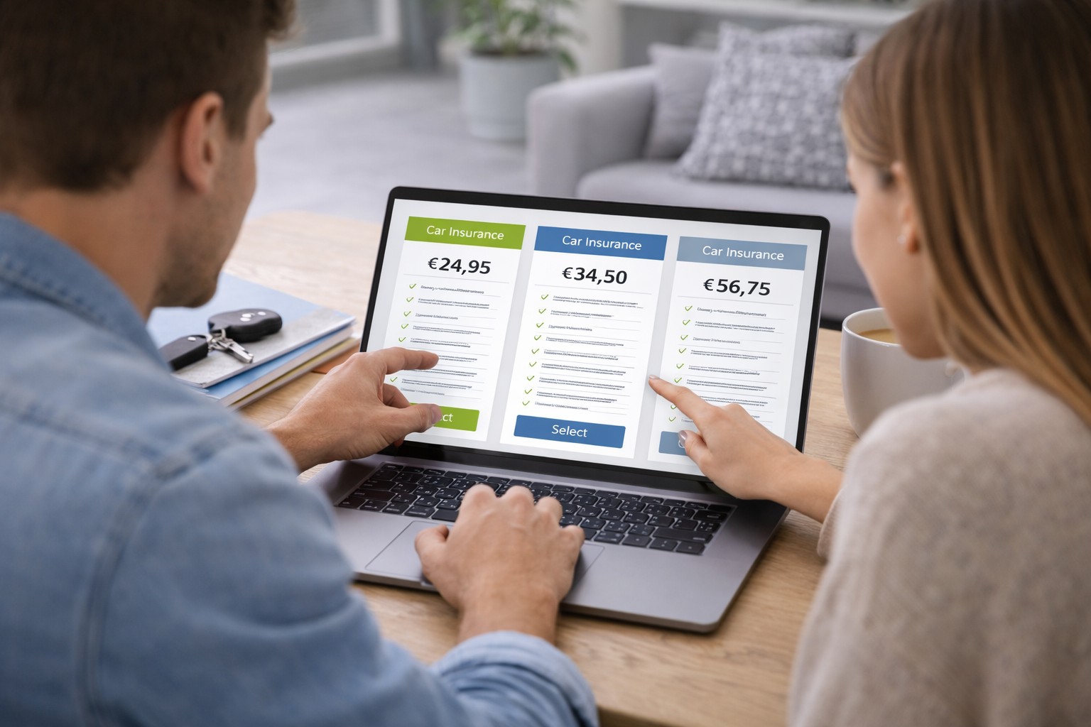 Twee mensen vergelijken autoverzekeringen online op een laptop