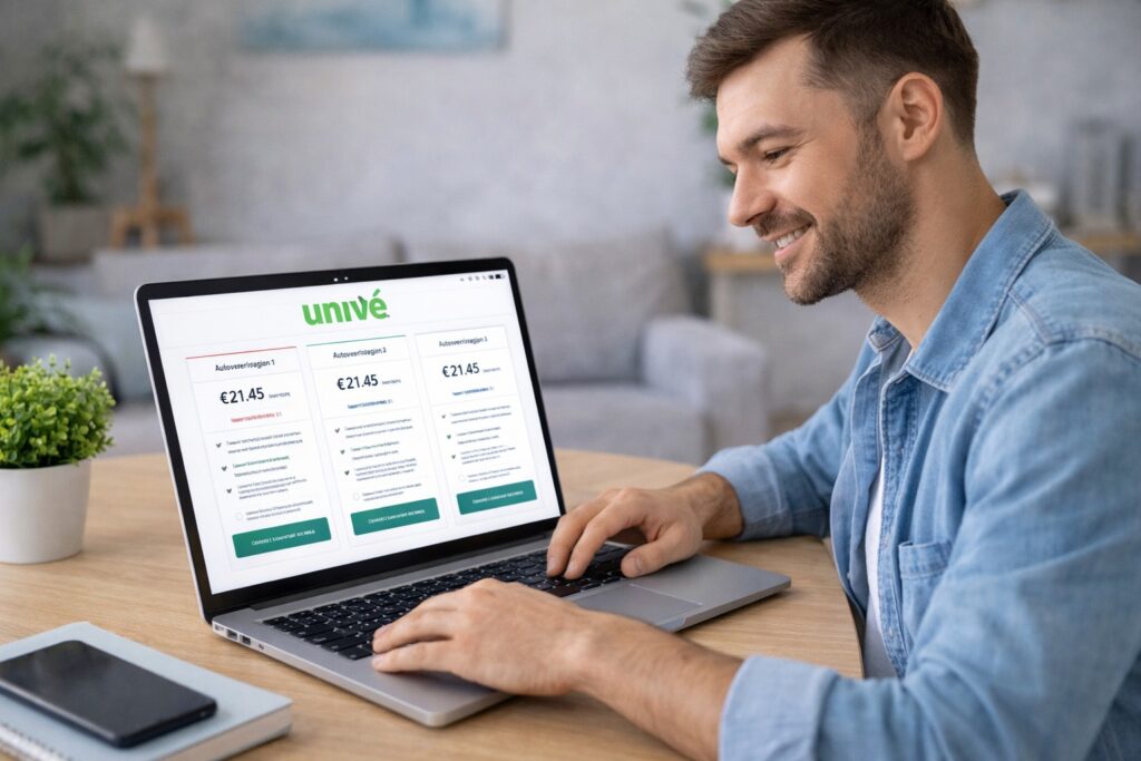 Een klant bekijkt de Univé autoverzekering op een laptop met een tevreden glimlach.