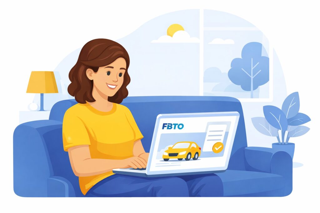 Een glimlachende vrouw vult online een formulier in op haar laptop.