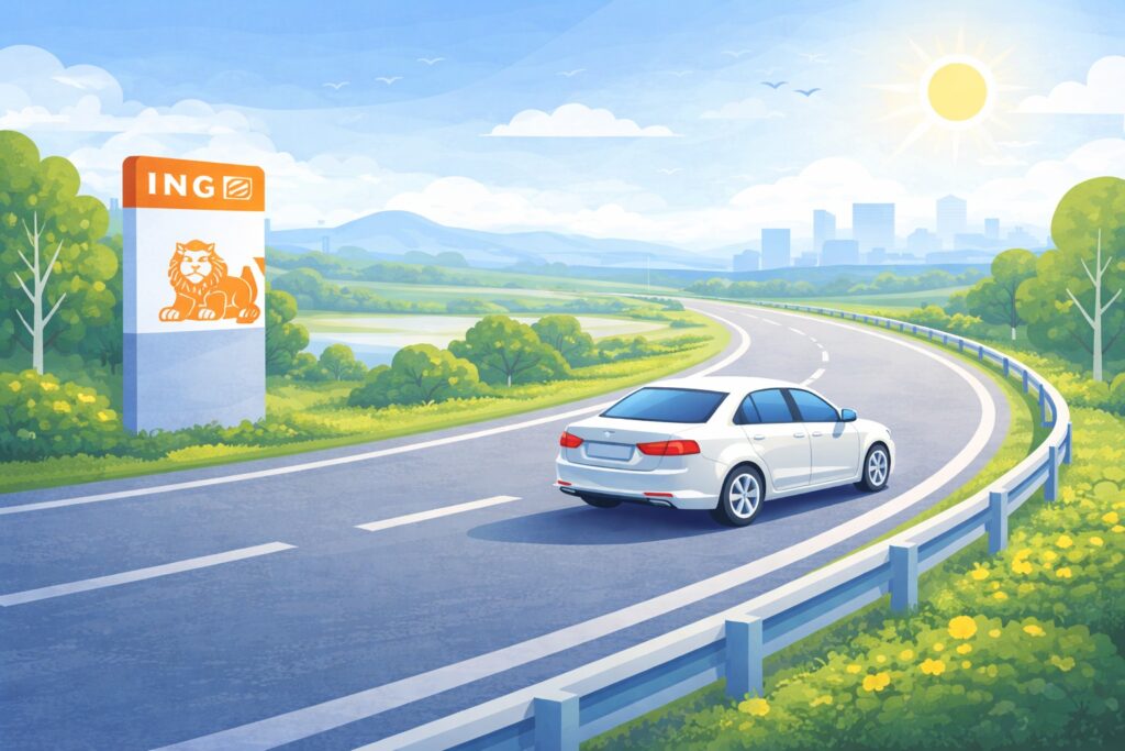 Een auto rijdt veilig op een zonnige weg, verzekerd onder ING Autoverzekering.