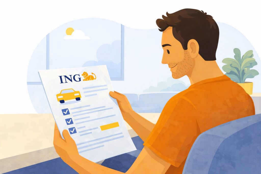 Een man leest aandachtig de review van de ING Autoverzekering.
