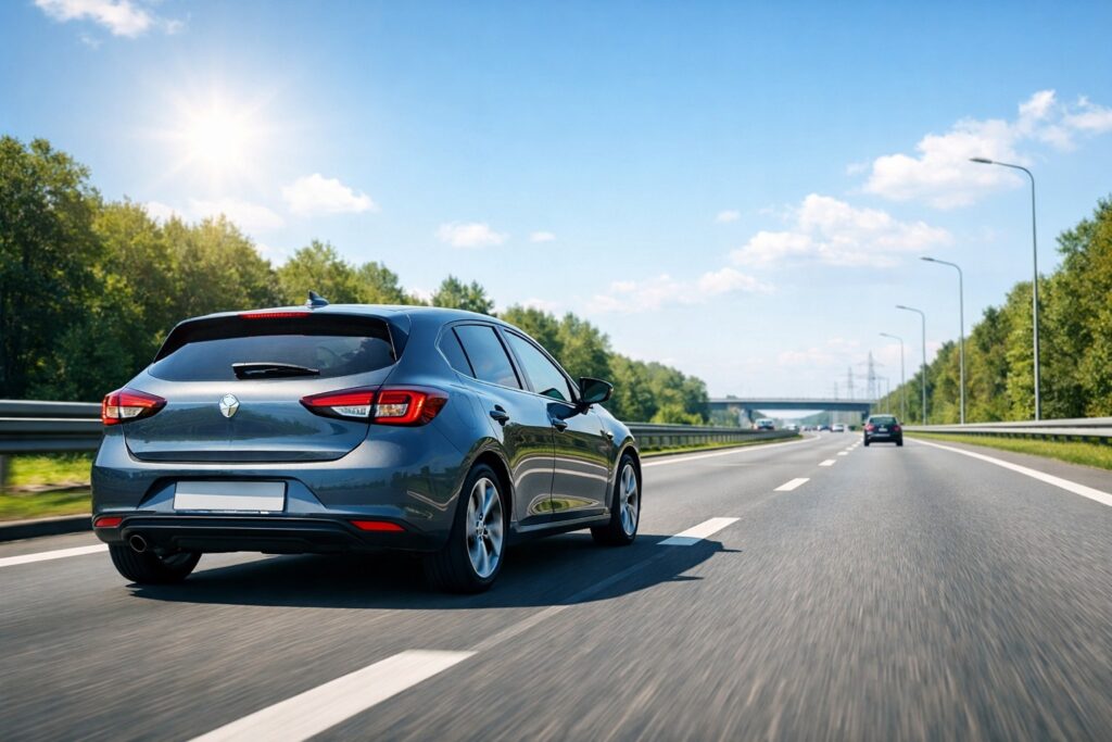 Een moderne auto rijdt veilig op een zonnige snelweg.