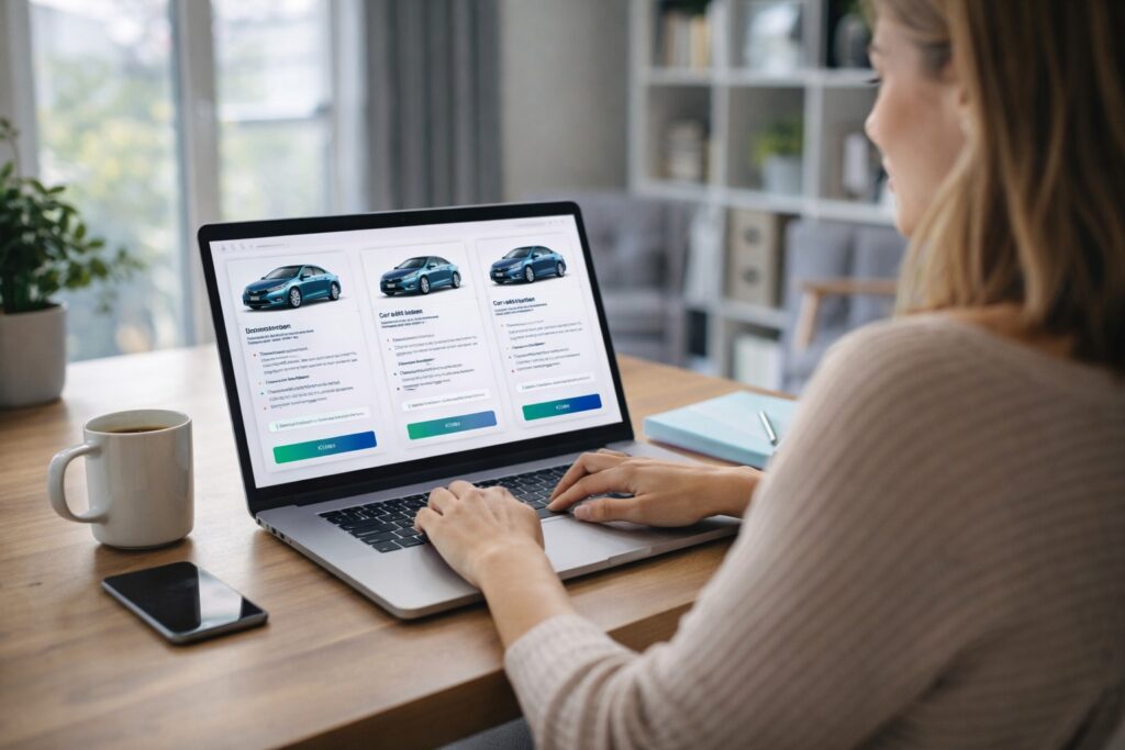 Een vrouw bekijkt autoverzekeringsopties op haar laptop in een modern kantoor.