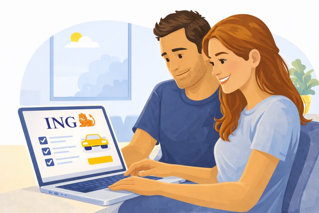 Een jong stel bekijkt een laptop met verzekeringsinformatie.