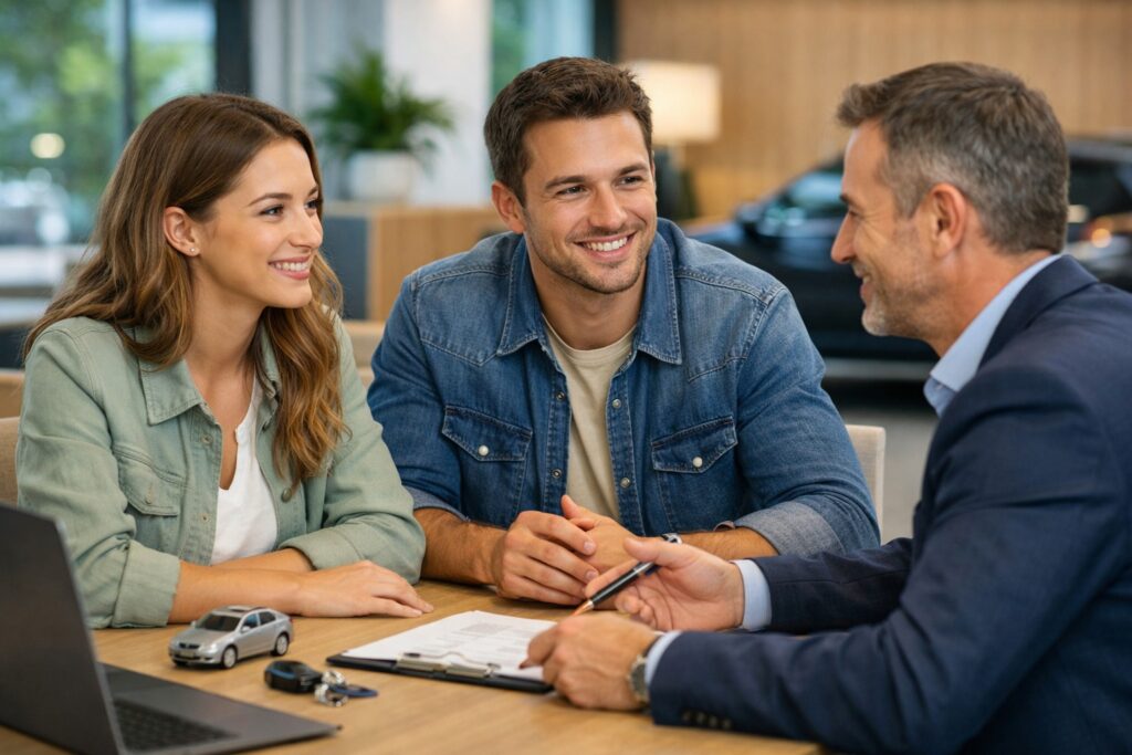 Een jong stel bespreekt hun autoverzekering met een adviseur.