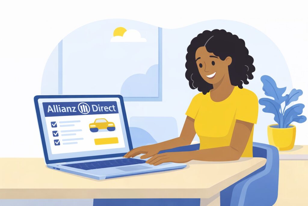 Een vrouw vult online een Allianz Direct autoverzekering in op haar laptop.