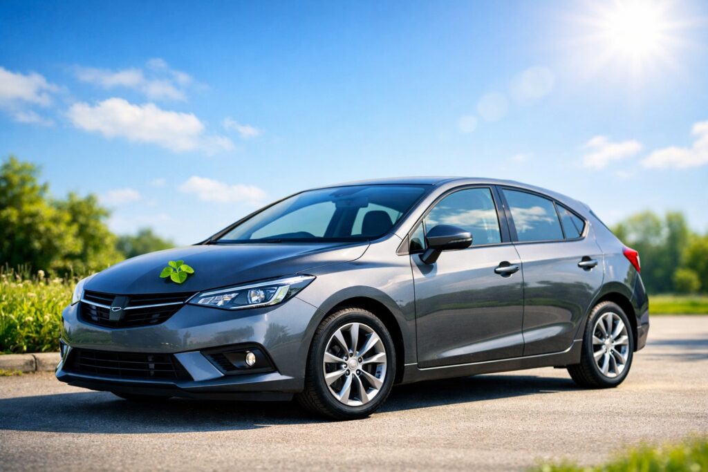 Een auto rijdt veilig over een weg tijdens een zonnige dag.