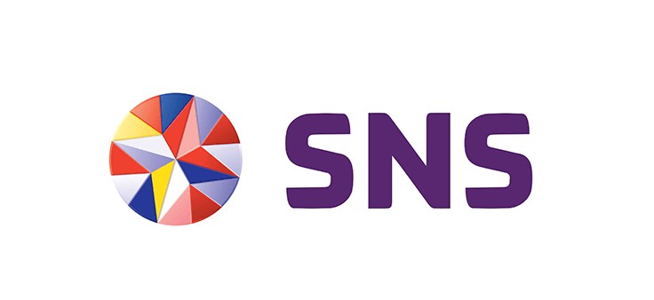 Logo van SNS met een moderne uitstraling en blauwe tinten.