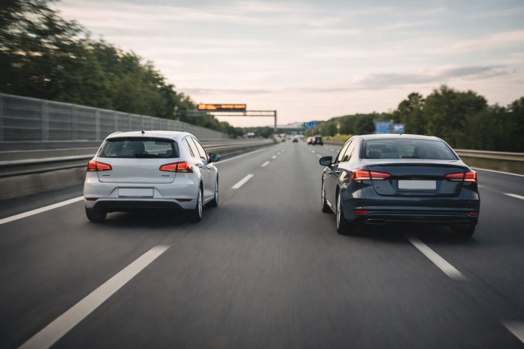 Twee auto's op een snelweg, symboliserend autoverzekering vergelijken.