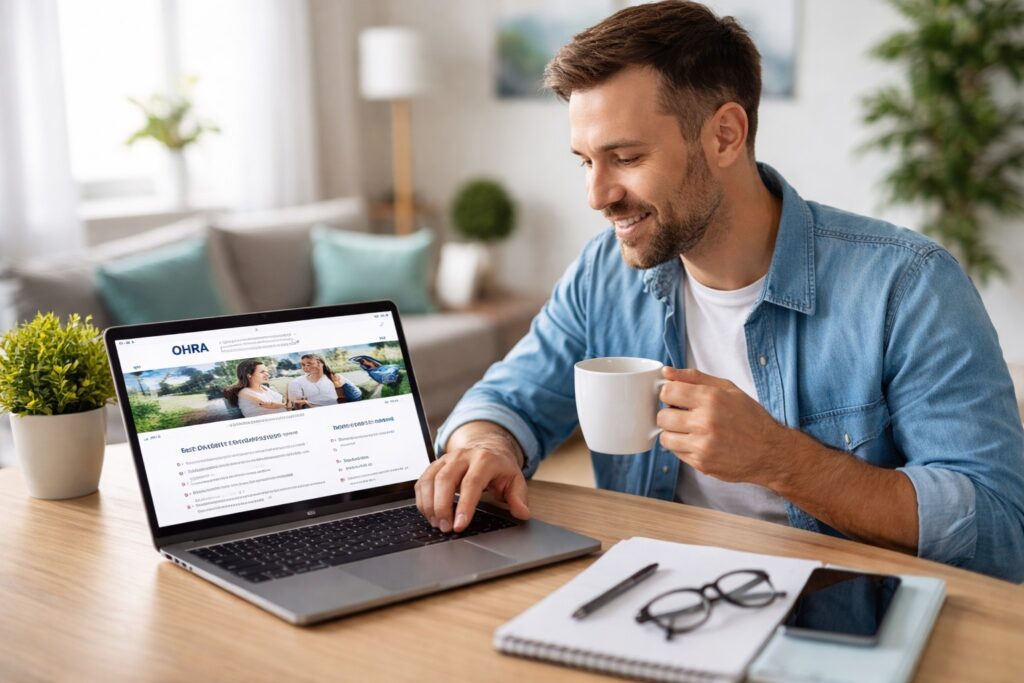 Een klant bekijkt de voorwaarden van een Ohra autoverzekering op zijn laptop.