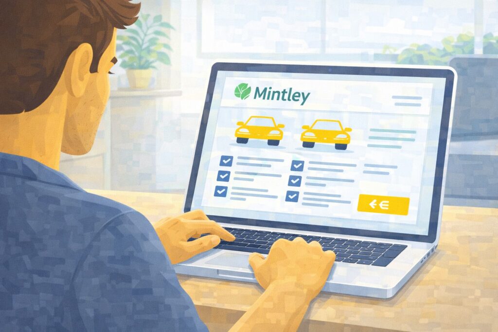 Een klant bekijkt de Mintley Autoverzekering website op een laptop.