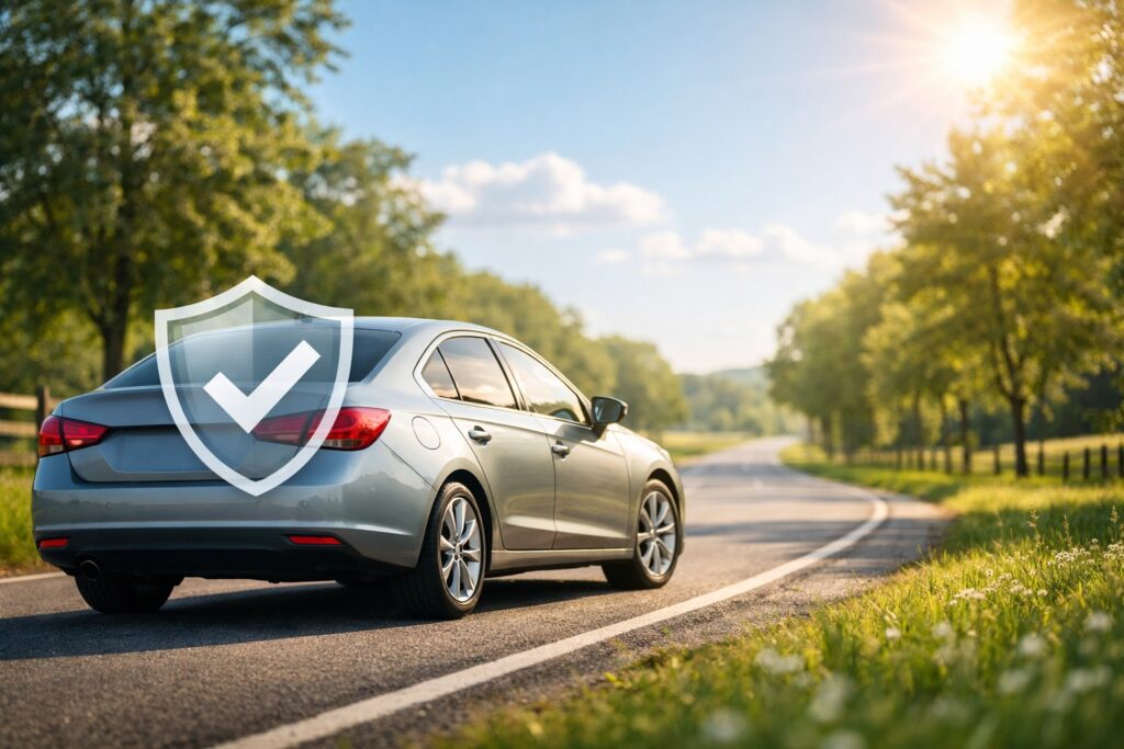 Een auto rijdt veilig op een zonnige dag, beschermd door NH1816 Autoverzekering.