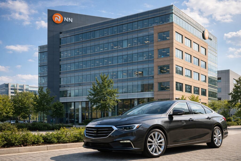 Moderne auto op een zonnige dag, geparkeerd bij een kantoorgebouw.