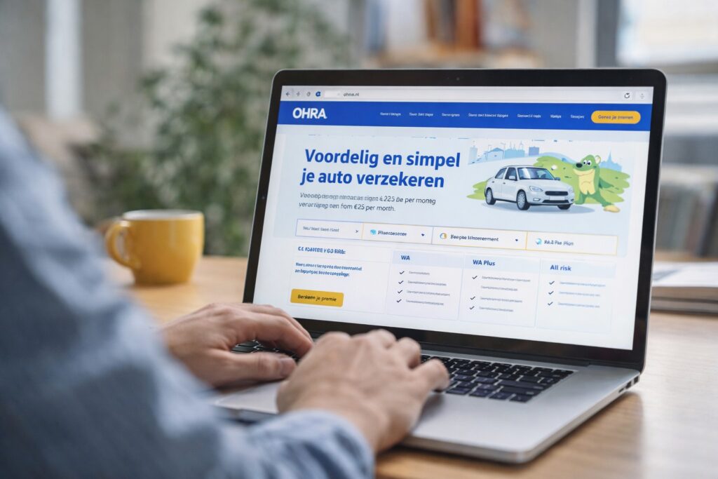 Een persoon vergelijkt autoverzekeringen op een laptop met de OHRA-website open.