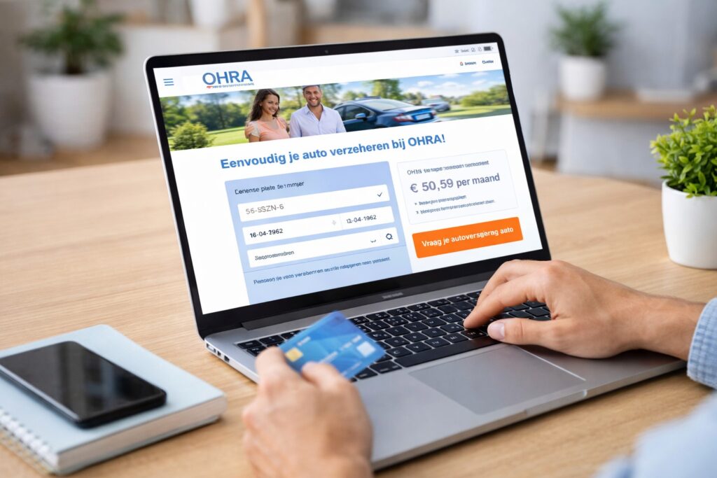 Een klant sluit online een OHRA autoverzekering af op een laptop.