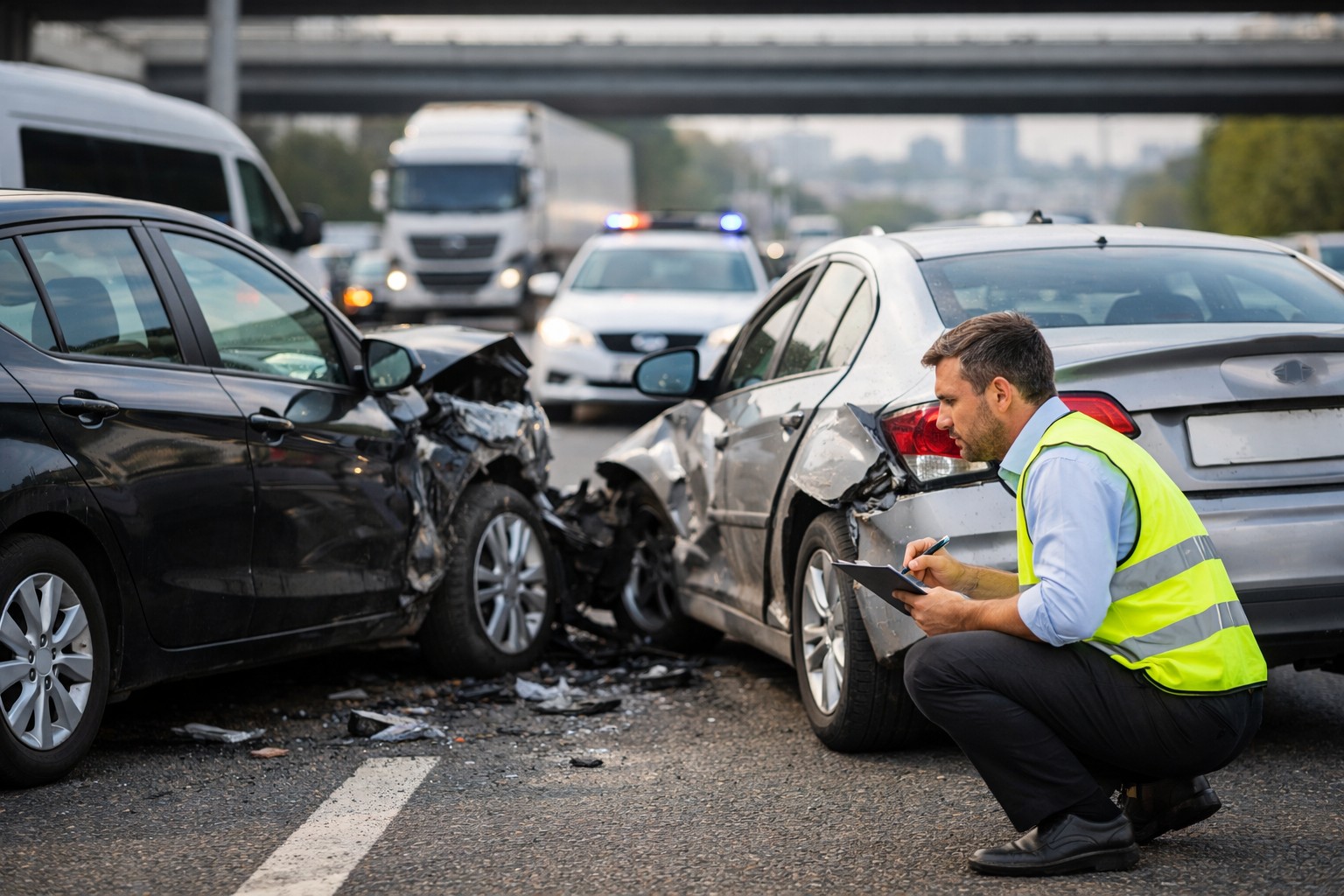 Twee auto's botsen op een drukke snelweg, een verzekeringsexpert observeert de schade