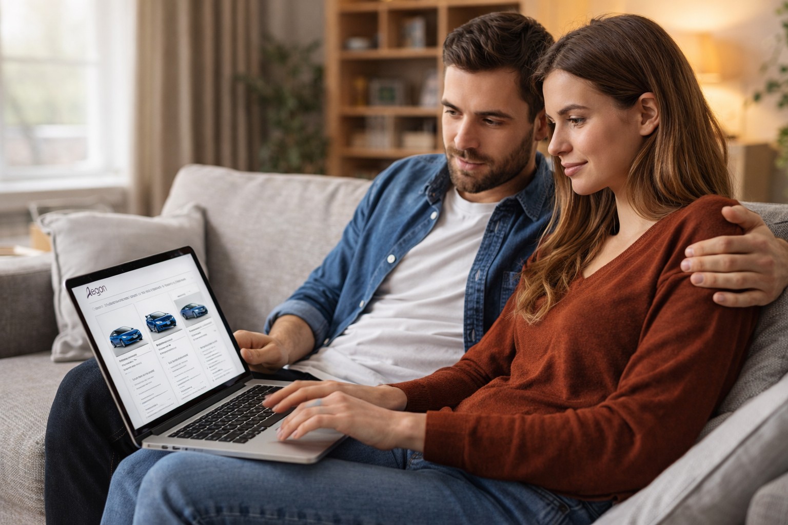 Een man bekijkt zijn nieuwe Aegon autoverzekeringspolis op een laptop