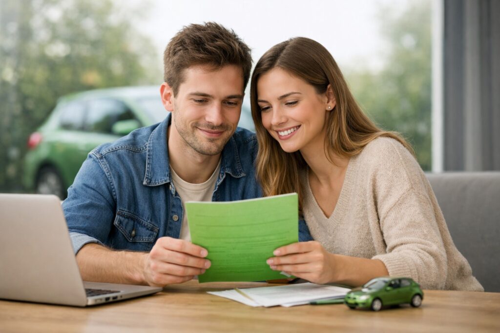 Een jong stel leest samen een Opgroen autoverzekeringsovereenkomst.