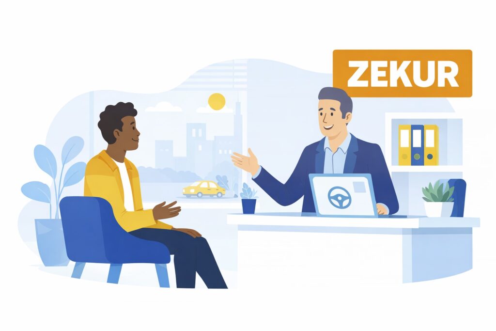 Een klant bespreekt autoverzekeringsopties met een adviseur van Zekur.