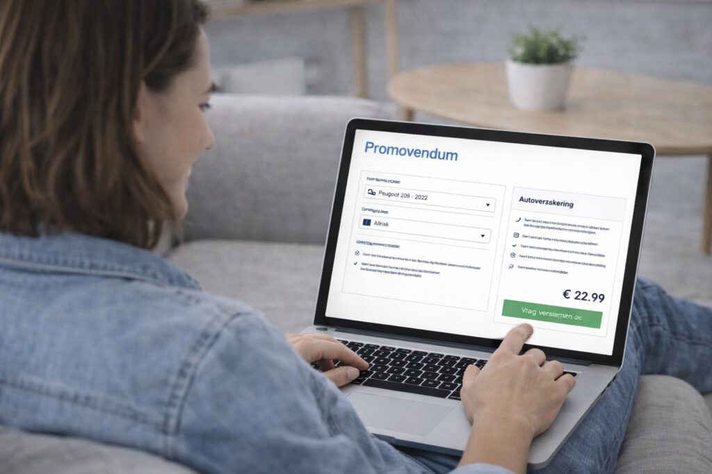 Een jonge vrouw vult online een aanvraag in voor Promovendum autoverzekering op haar laptop.
