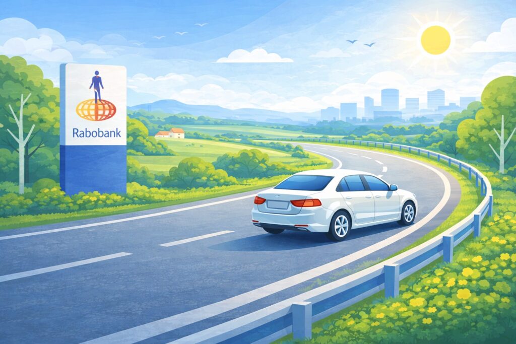 Een auto rijdt veilig langs een schilderachtige weg onder een heldere hemel.