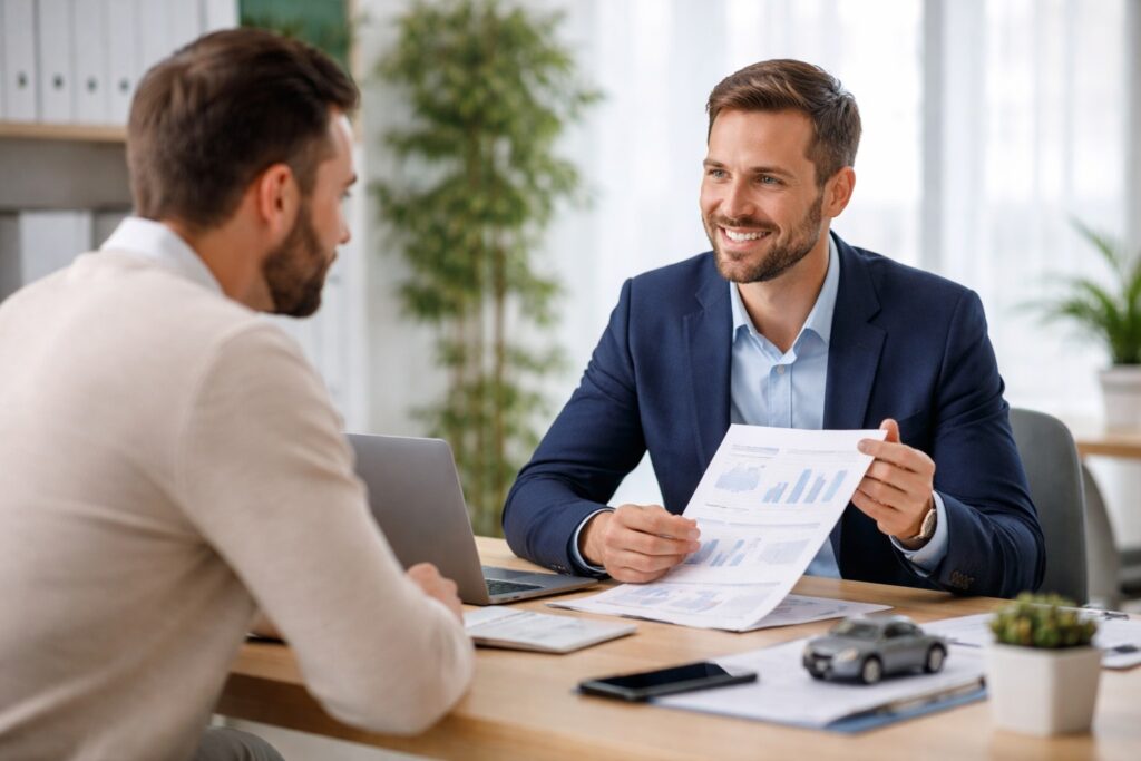 Een klant in gesprek met een adviseur over autoverzekeringen in een kantooromgeving